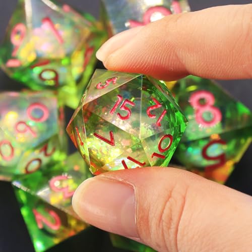 FONVGOGO Liquid Core DND Dice Set for Dungeons and Dragons, 7 Piece Sharp Edge Resin DND Dice with Cardborad Box Role Playing Polyhedral D and D RPG Dice D20 D12 D10 D8 D6 D4（Liquid Yellow and Green） by FONVGOGO - Image 4