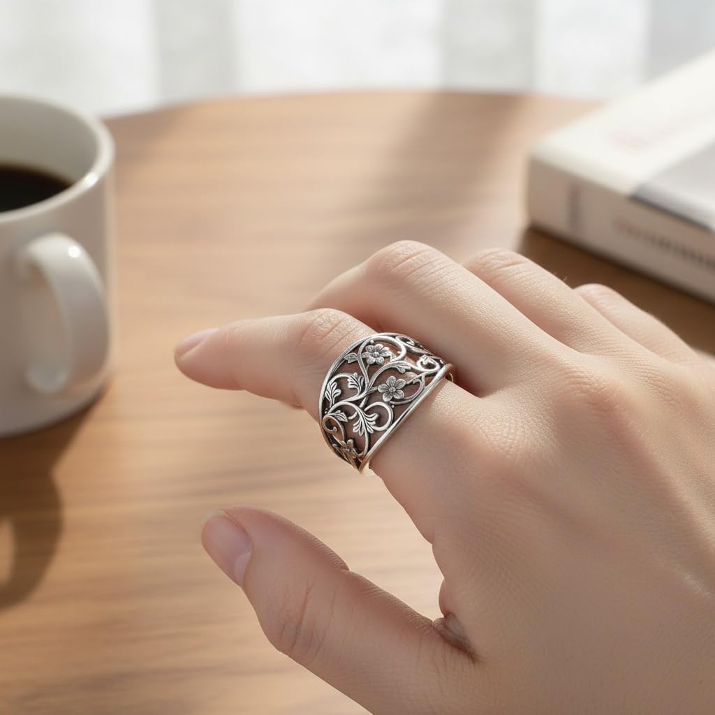 HAIXIAN S925 Sterling Silver Ring for Women, Vintage Antique Finish Filigree Floral Vine Statement Band, Retro Boho Engraved Flower Jewelry Gift