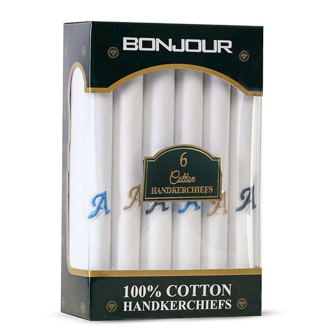 Image of Bonjour Men's White Cotton Handkerchief With Alphabet (A to Z) Initial (Pack of 6)