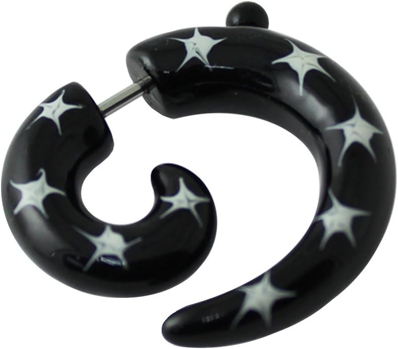 Star Brush Painted on Black Spiral UV Acrylic with 16 Gauge 316L Surgical Steel Fake Ear plug - Fauxs Plug - Gauge Earring Body Piercing Jewelry