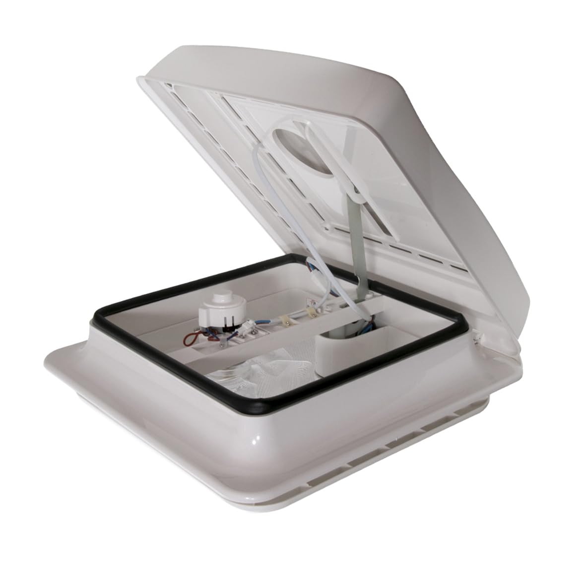 Claraboya de Techo para Autocaravana 12V con Ventilador y Motor, 43R Tapa Blanca 280 x 280 mm, Ventilación Compacta para Baño, Ducha, Camper, Caravana y RV