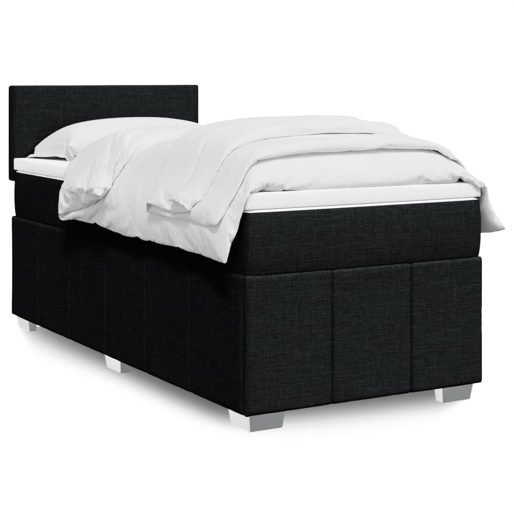 Cama con somier con colchón de 90 x 190 cm en tejido negro, cabecero regulable en altura, colchón de muelles ensacados para un agarre óptimo, listones transpirables y cómodo cojín