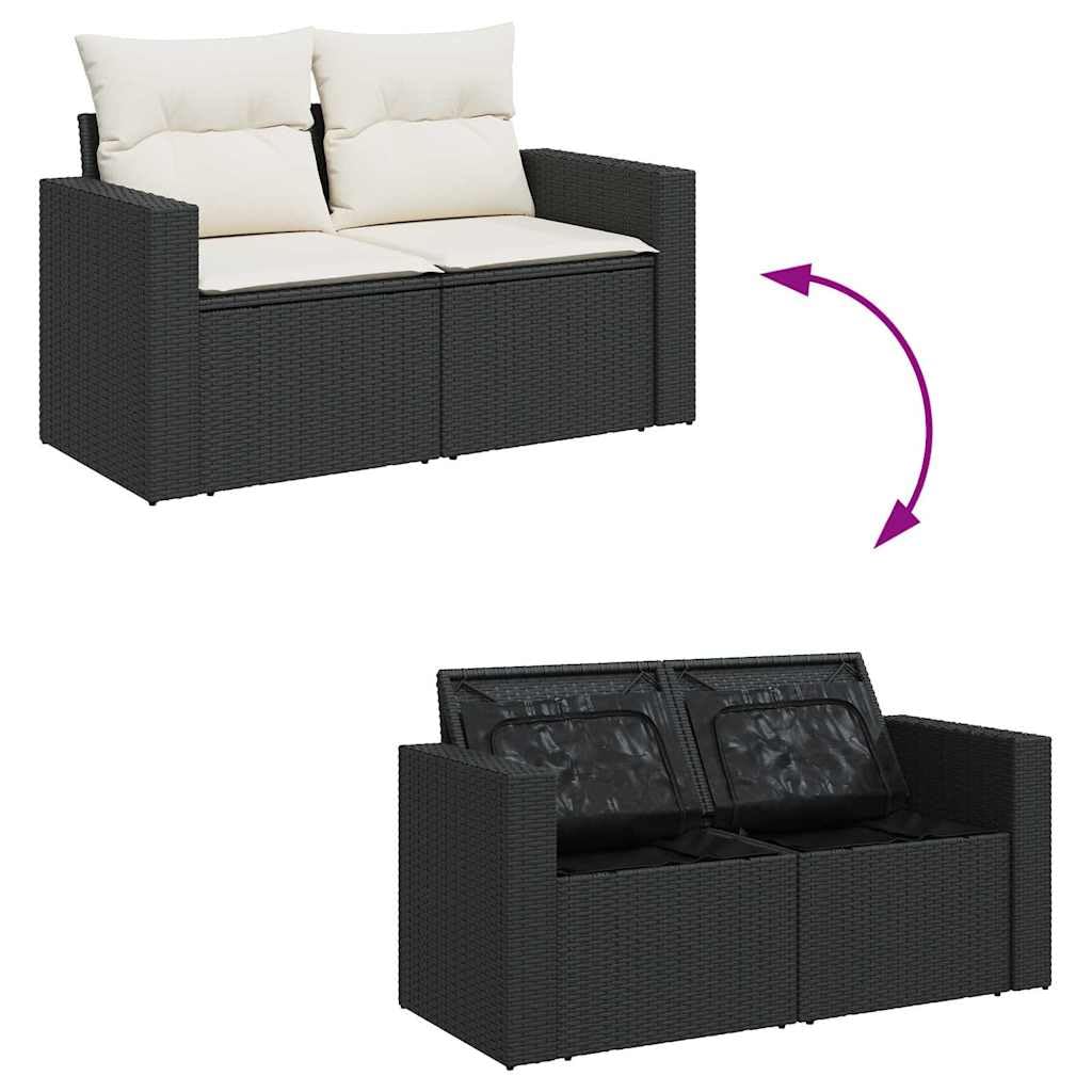 Juego de sofá modular de ratán sintético para jardín con espacio de almacenamiento y fundas de almohada extraíbles, 11 piezas, color negro