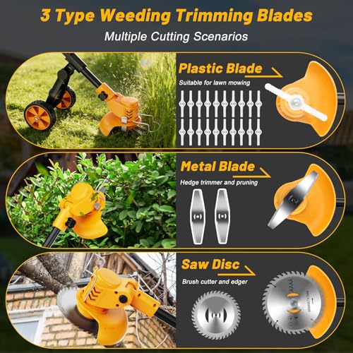 Image of Electric Weed Wacker Cordless with Wheels,Electric Weed Eater Battery Powered 4000mAh,4 in 1 Grass Trimmer /Brush Cutter /Grass Edger /Tiller for Gardening & Lawn with Blade, 2 Battery