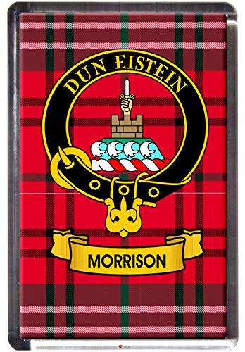Morrison Clan Tartán Imán de Refrigerador con la Cresta del Clan Escocés en Base Acrílica Transparente