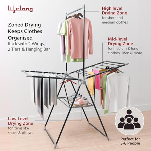 Image of Lifelong Foldable Clothes Drying Stand | Heavy-Duty Alloy Steel Laundry Rack for Balcony & Indoor Use | Multi-Level Cloth Hanger with Rods & Shelves | Rust-Resistant | Drying Stand Rack