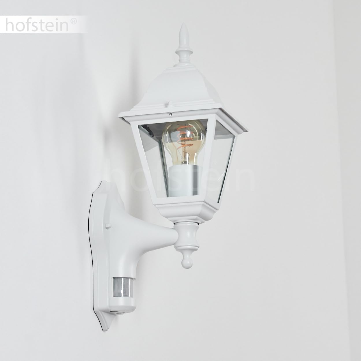 Zewnętrzna lampa ścienna Naofe, lampa ścienna z czujnikiem ruchu wykonana z metalu/szkła w kolorze białym/przezroczystym, lampa ścienna, lampa zewnętrzna na taras, E27, bez żarówki