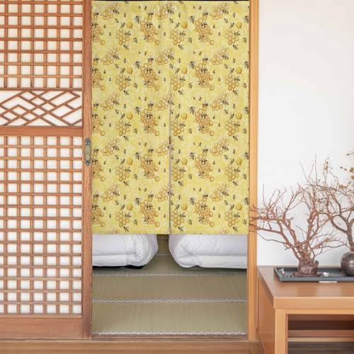 Sauoromeon のれん カーテン 幅75x丈150cm 厚手 遮光 暖簾 ドアカーテン 仕切り 目隠し 通気性 和風 おしゃれ フラット リング対応 ひも付き 夏 昆虫 ミツバチ 水彩調 勝手口 玄関 キッチン リビング 春夏秋冬