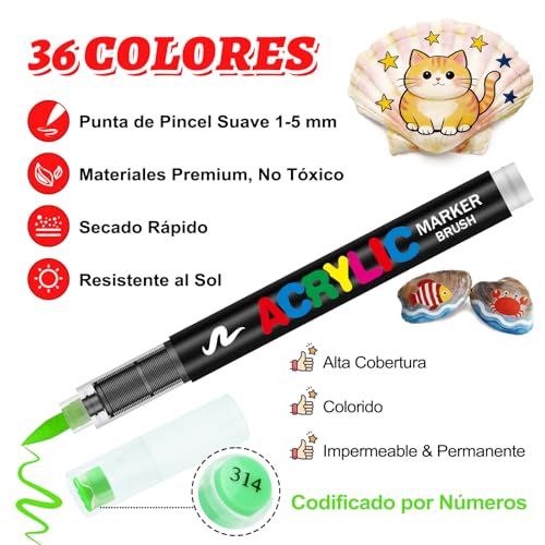 Image of Allinside Acrylic Paint Markers, 36 Colors Soft Brush Tip Paint Pens, Waterproof Quick Dry Acrylic Markers for Rock Painting Wood Canvas Glass Fabric Stone Egg DIY Art Crafts Supplies