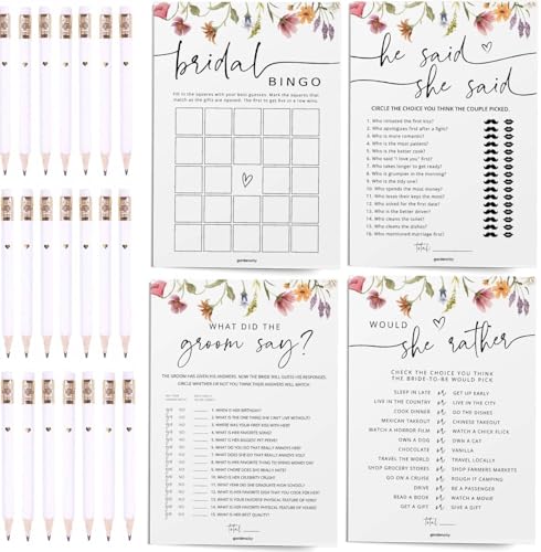Wildflower Bridal Shower Games Bundle – 4 Elegant Bridal Shower Games for 30 Guests + 30 Gold-Foil Heart Pencils, Double-Sided Floral Cards, Perfect for Bridal Showers & Weddings