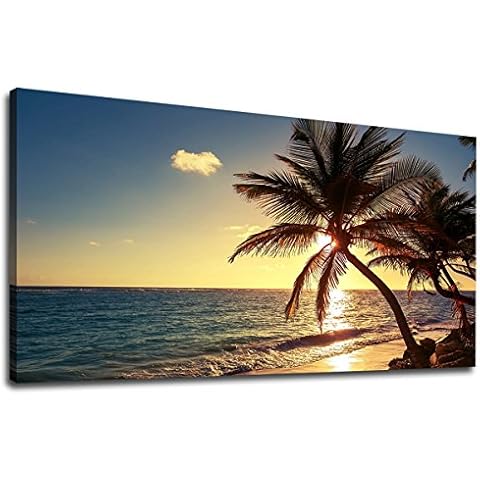 yearainn Canvas Wall Art Susnet Beach Coconut Tree Panoramic Seascape Sea Scenery Painting - Long Canvas Artwork Contemporary Nature Picture for Home Office Wall Decor 20" x 40" Cover