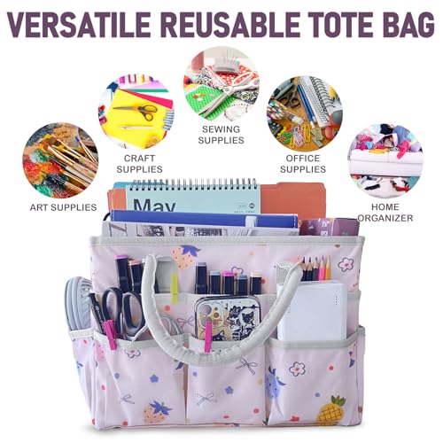 Image of Cupohus Art Organizer Craft Storage Tote Bag with Pockets and Handles, Oxford Fabric Carrying Caddy for Teacher, Officer, Artist, Traveler, and More-Pink Fruit