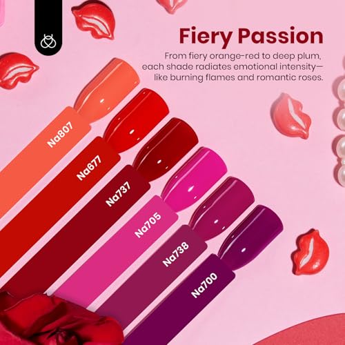Image of Beetles Red Gel Nail Polish Set, HEMA-Free 6 Colors Purple Burgundy UV | Fiery Passion includes 6 red and purple gel colors for DIY salon manicures; soak off and cure with a UV /LED lamp.