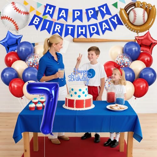 Image of 7th Baseball Birthday Decorations for Boys,Navy Blue Red Balloons Party | Decorations Banner 40-Inch Number 7 Foil Balloons Baseball Glove Cake Topper Sport Party Supplies for Kids