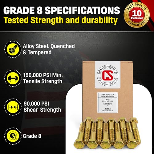Image of Chenango Supply 5 /8-11 x 3 Grade 8 Hex Head Cap Screws | Alloy Steel Hex Bolts, 150,000 PSI Tensile Strength, Yellow Zinc Chromate Finish, USS Coarse Thread Fasteners (10 Pack)