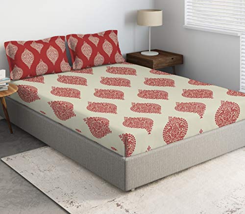 Image of DDECOR - Medallion 100% Cotton Fitted Bedsheet with 2 Pillow Covers, King Size, Red