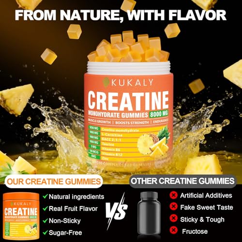 Image of kukaly Creatine Monohydrate Gummies for Men & Women, Creatine Gummies Sugar Free Pineapple Flavored with L-Taurine BCAA 2:1, B12 B6 for Boost Strength, Focus & Endurance, Vegan, Non-GMO 120pcs