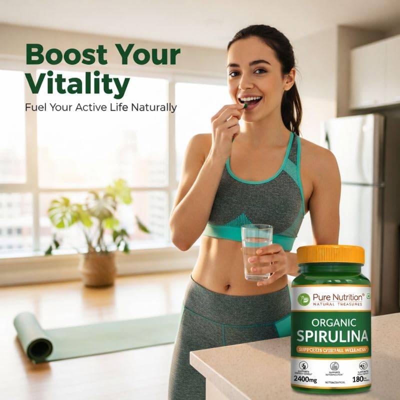 Image of Pure Nutrition Organic Spirulina 2400mg (Per Serving), 360 Veg Tablets (180X2) | Spirulina Powder Organic Tablets | Supports Healthy Skin & Boost Immunity | Support Weight Management & Detoxification