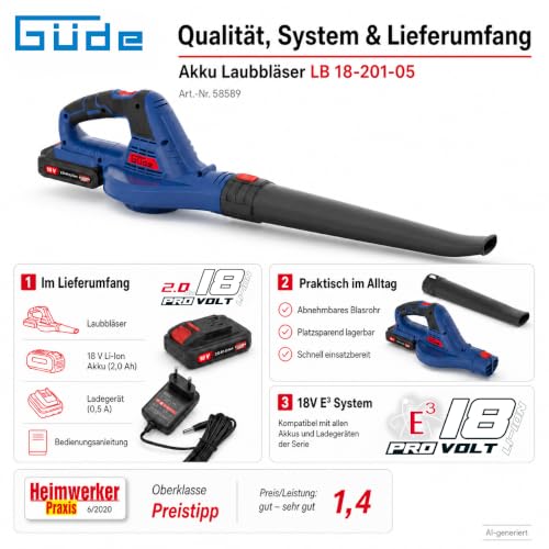 Güde 58589 akumulatorowa dmuchawa do liści LB 18-201-05 (18 V, Easy-Energy-Exchange), niebieska, czarna, czerwona