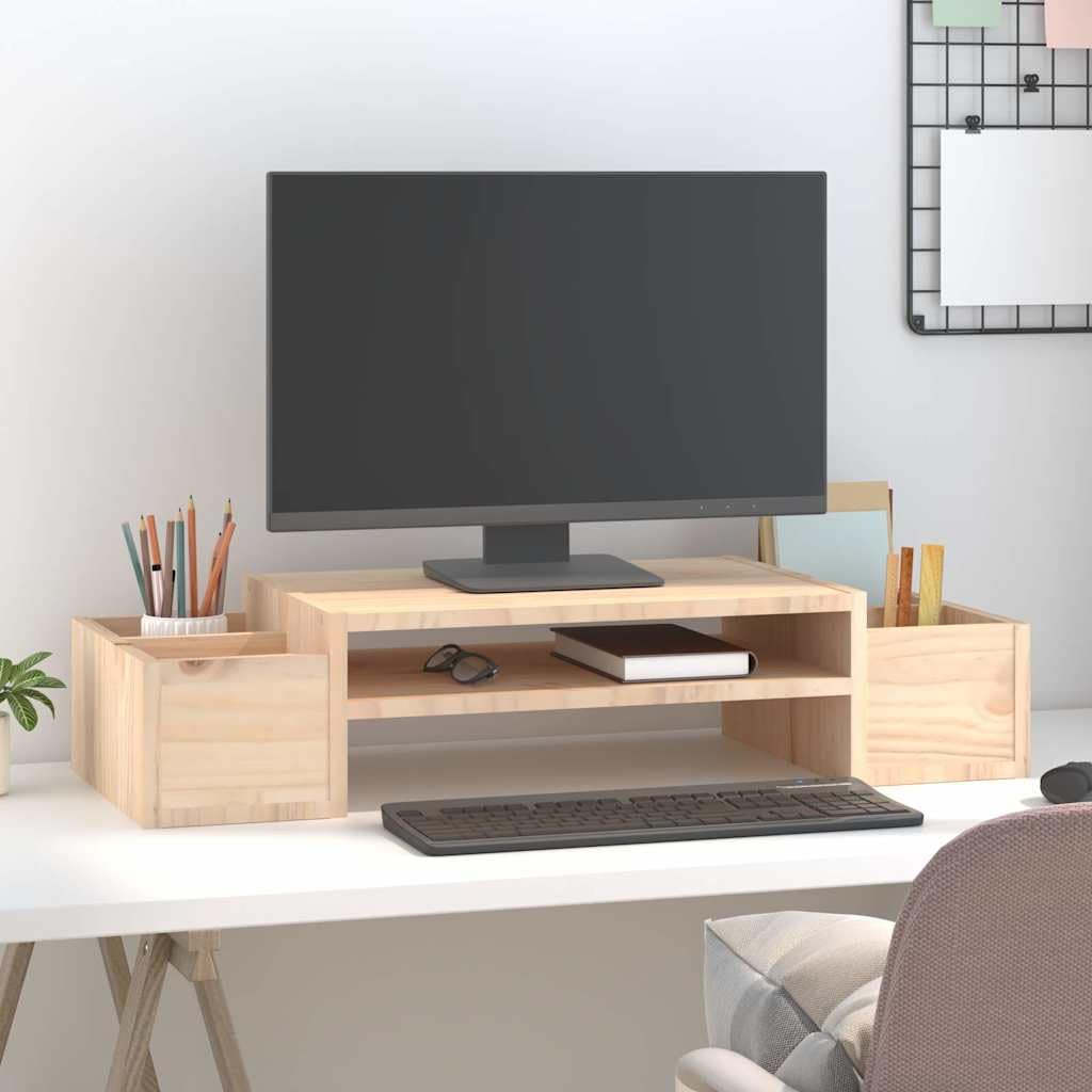 Supporto per monitor in legno di pino massiccio, supporto ergonomico da scrivania con 4 ripiani, 70 x 27,5 x 15 cm
