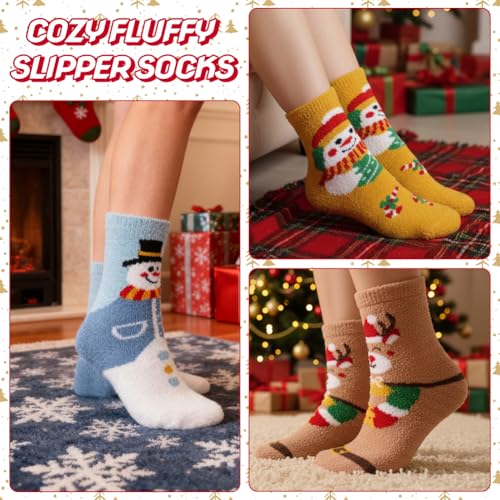 Image of Labeol 5 Pairs Christmas Fuzzy Socks for Women Gifts,Funny Cute Cozy Fluffy Thermal Winter Warm Fuzzy Socks