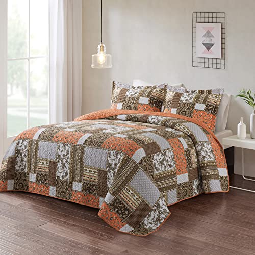 VAPUTAR Quilts Queen Size - Fall Cotton Quilt Set Quilted Bedspread Coverlet Lightweighet Bedding Set with Shams for All Season, 3 Piece Boho Patchwork Quitled Bedspread Queen Size (Dream Orange)