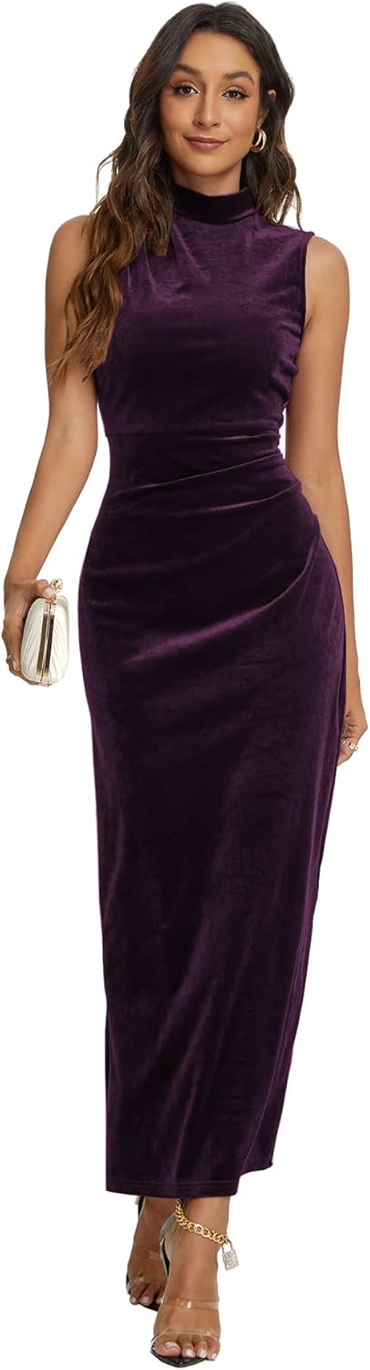 Capuffy Women Backless Velvet Maxi Dress Back Slit Ruched Bodycon Formal Dress High Neck Cocktail Party Dress 091 - Image 3