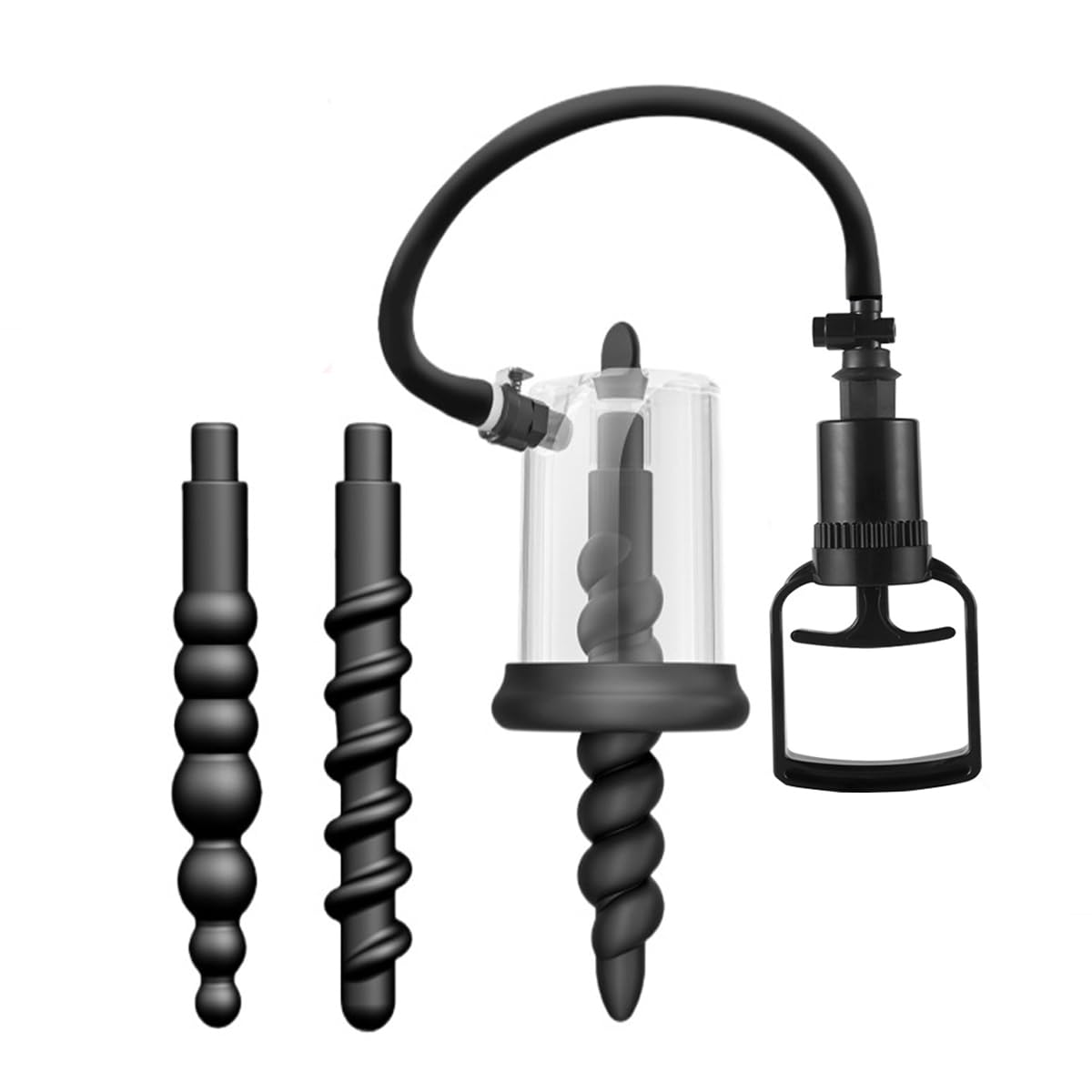 Set de 3 Tapones Anales con Bomba de Vacío – Buttplug de Silicona Negro Espiral, Pussy Pump y Estimulador SM
