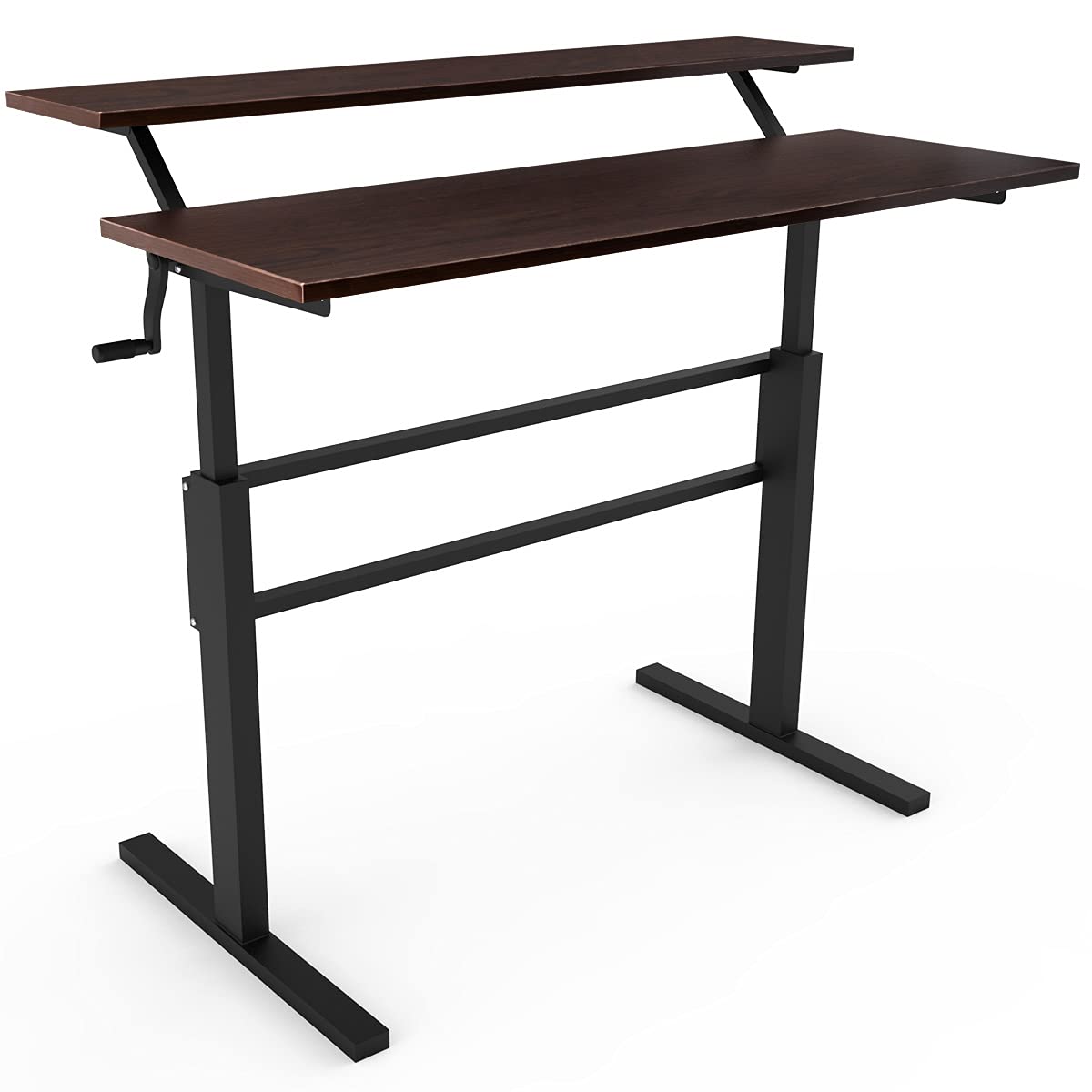 SFAREST Height Adjustable Standing Desk, Sit Stand Computer Table with Crank Handle, Study Writing PC Workstation for Home Office (Brown)