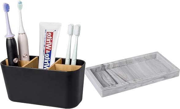 Black Toothbrush Holder for Bathrooms and Marble Gray Small Silicone Tray for Kitchen, Sink, Vanity