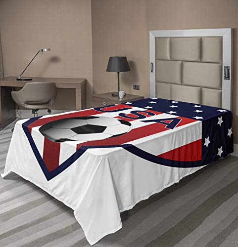 Ambesonne USA Flat Sheet, National Team Themed Soccer Emblem Design Stars and Vertical Stripes, Soft Comfortable Top Sheet Decorative Bedding 1 Piece, Twin Size, Vermilion Blue and White