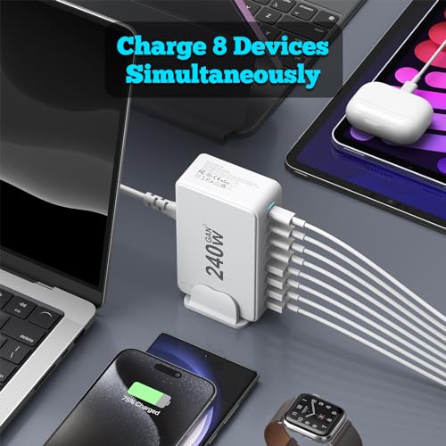 Image of USB C Charger, 240W GaN 8 Port USB Fast Block, PD100W Multi-Port Charging Station, Power Adapter Plug for Samsung /iPhone /Google, Laptop Charger for MacBook Pro /Air