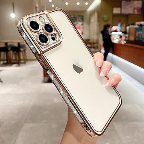 Teageo for iPhone 13 Pro Max Case Clear Cute Women Girls Glitter Pattern Plating Phone Case Silicone Full Camera Protection Shockproof Bumper Back Cover for iPhone 13 Pro Max, Gold Cover