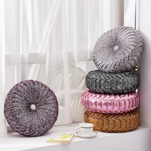 Image of EUCIOR Round Throw Pillows,Orange and Gold Throw Pillow,Soft Spandex Fabric,Pumpkin Pleated Handmade Orange Round Velvet Decorative Pillow for Sofa Bedroom Livingroom