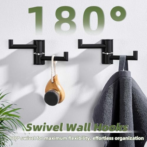 APLusee Swivel Towel Hooks 2 Pack, Double Toilet Paper Holder with Shelf Bundle, 304 Stainless Steel Wall Mounted Bathroom Accessories Matte Black image 5