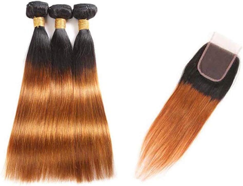 Seelaak Ombre Human Hair Bundles 100% Remy 3 Bundles with 4x4 Free Part Lace Closure t30 Ombre Brown Straight Bundles T1B/30 Human Hair Weave Hair Extensionss for Black Women (10 12 14+10)