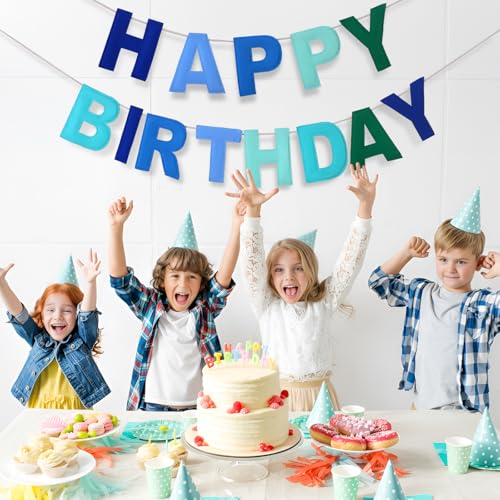 Image of Mindsoft Felt Happy Birthday Garland Rainbow Banner Reusable Happy Birthday Sign Party Supply for Party Decor(Blue Color,Normal)