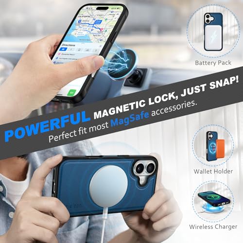 Coque portefeuille 2 en 1 iPhone 17 Shieldon cuir véritable bleu royal