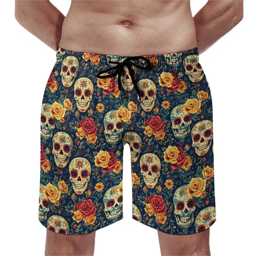 Mens Swim Trunks, Retro Flower Skull Print Swim Shorts with Mesh Lining Swimwear Bathing Suits Quick Dry