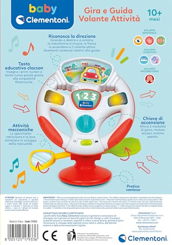 Clementoni - Lenkrad Spielzeug für Kinder, Drehen und Fliegende Führung Aktivität - Interaktives Geschenk mit Licht und Geräuschen, Spiel mit Saugnapf für Kinderhochstuhl 6-36 Monate, Batterien
