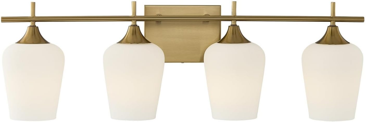 Savoy Essentials 8-6030-4-322 Octave White Opal Bathroom Vanity Wall Light, 4-Light 240 Total Watts, 10" H x 29" W, Warm Brass