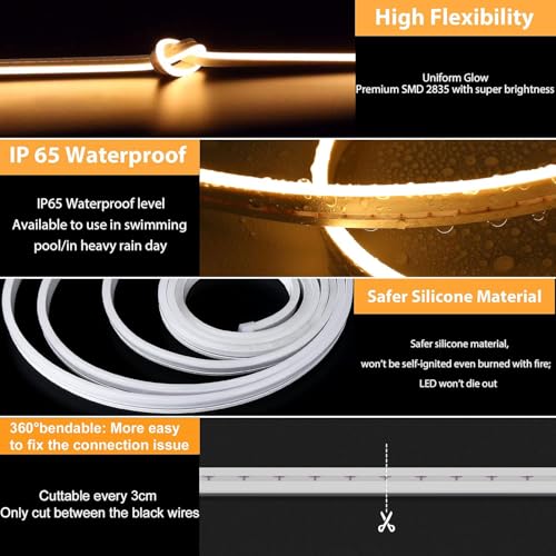 YeahBoom 5M COB LED Streifen,220V Direktanschluss mit Eurostecker,Warmweiß 3000K,Hohe Dichte Flexibler Wasserdicht LED Strip,für Schlafzimmer Schrank Zuhause Party Dekoration