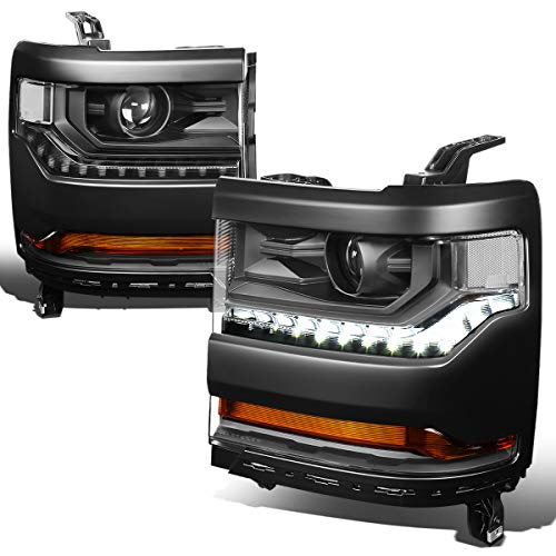 [HID Model] LED DRL Projector Headlight Lamps Assembly Compatible with Chevy Silverado 1500 16-19, Driver and Passenger Side, Black Housing Clear Corner