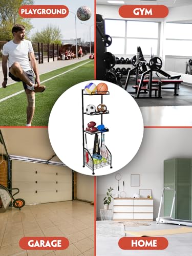 Garage Sports Equipment Organizer Storage, Ball Storage Rack, Home Gym Equipment Storage Rack, Rolling Outdoor Toy Storage with Wheels, Ball Holder for Football Soccer Basketball Volleyball Baseball - Thumbnail 6