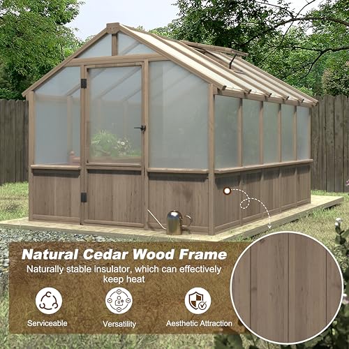 Image of MUPATER 8 x 10FT Wooden Greenhouse with 6mm Polycarbonate Panels for UV Protection and Heat Insulation, Adjustable Ventilated Window & Lockable Door, Walk-in Greenhouse for Outdoors, Patio, Backyard