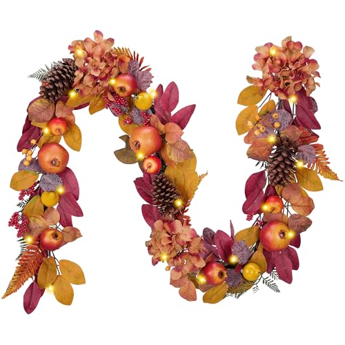 DecorbyHannah Thanksgiving Leaves Garland with Lights, 6 ft Artificial Fall