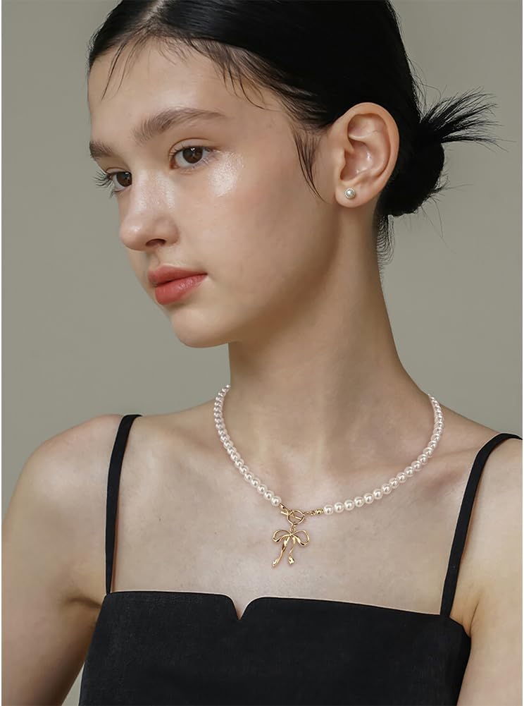 Gold Bow Necklace For Women Cute Puffy Bowknot Pendants With Snake/Pearl Chain Dainty Gold Statement Necklace Elegant Bow Jewelry Gift - Image 3