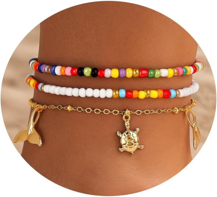 Gold Shell Charms Anklets Set for Women Boho bead Dainty Adjustable ankle bracelets for women waterproof Summer beach Pearl 18k Gold Anklet jewelry for women Gift
