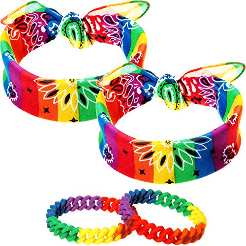 Frienda 2 Pezzi Braccialetti in Silicone Arcobaleno Braccialetti in Gomma Intrecciata Arcobaleno e 2 Pezzi Sciarpa Paisley Arcobaleno Bandane a Strisce per Uomo Donna