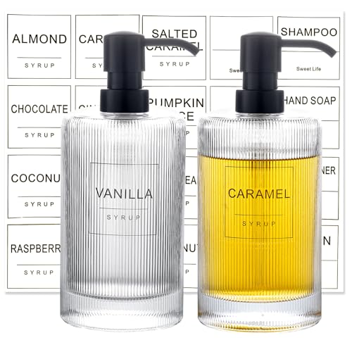 Coffee Syrup Dispenser for Coffee Bar Accessories?Coffee Pump Dispenser, Transparent Vertical Striped Glass Syrup Bottle with Black Pumps and 18 Labels, 15.5 oz 460 ml (2 Pack)